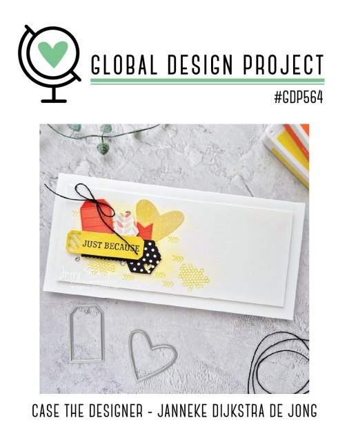 A creatively designed card featuring colorful embellishments, including a yellow tag with the text 'JUST BECAUSE', surrounded by patterned hearts and flowers on a white background.
